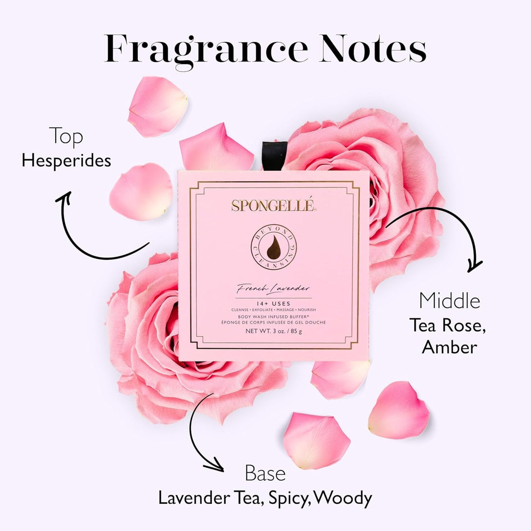 Spongelle French Lavender Wild Flower Buffer Body Scrubber with Box | Bath & Shower Loofah for Women | Exfoliator with Body Wash Infused | 14+ Uses