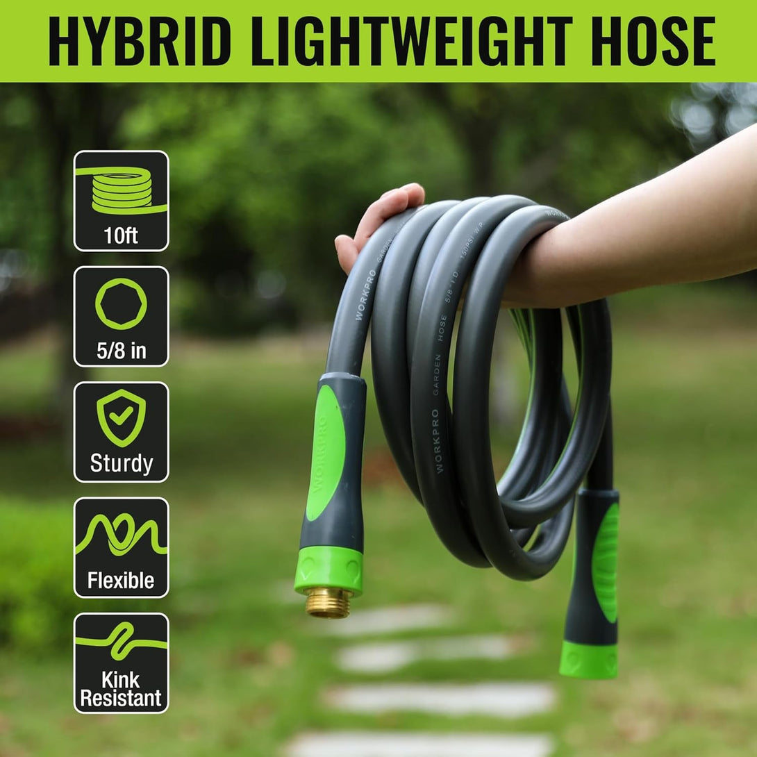 WORKPRO 5/8 in X 10 FT Garden Hose, Heavy Duty, Flexible, Lightweight Water Hose with Bi-Material 360° Rotation Handle, 3/4" GHT Solid Brass Fittings, for Outdoor, Lawn, Garden & Yard, Car Wash