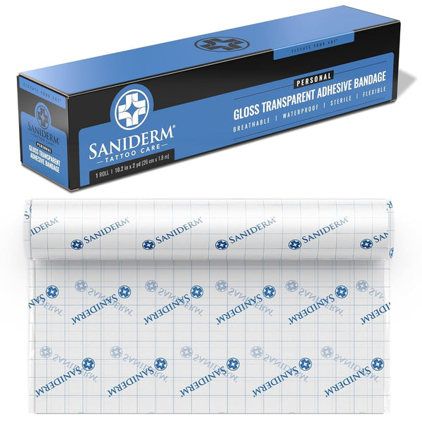 Saniderm Original Tattoo Aftercare Bandage (Personal Roll, 10.2 in X 2 Yd) – Convenient, Faster Tattoo Healing and Protection – Sterile, Waterproof, and Latex-Free Tattoo Aftercare Wrap – Gloss Finish