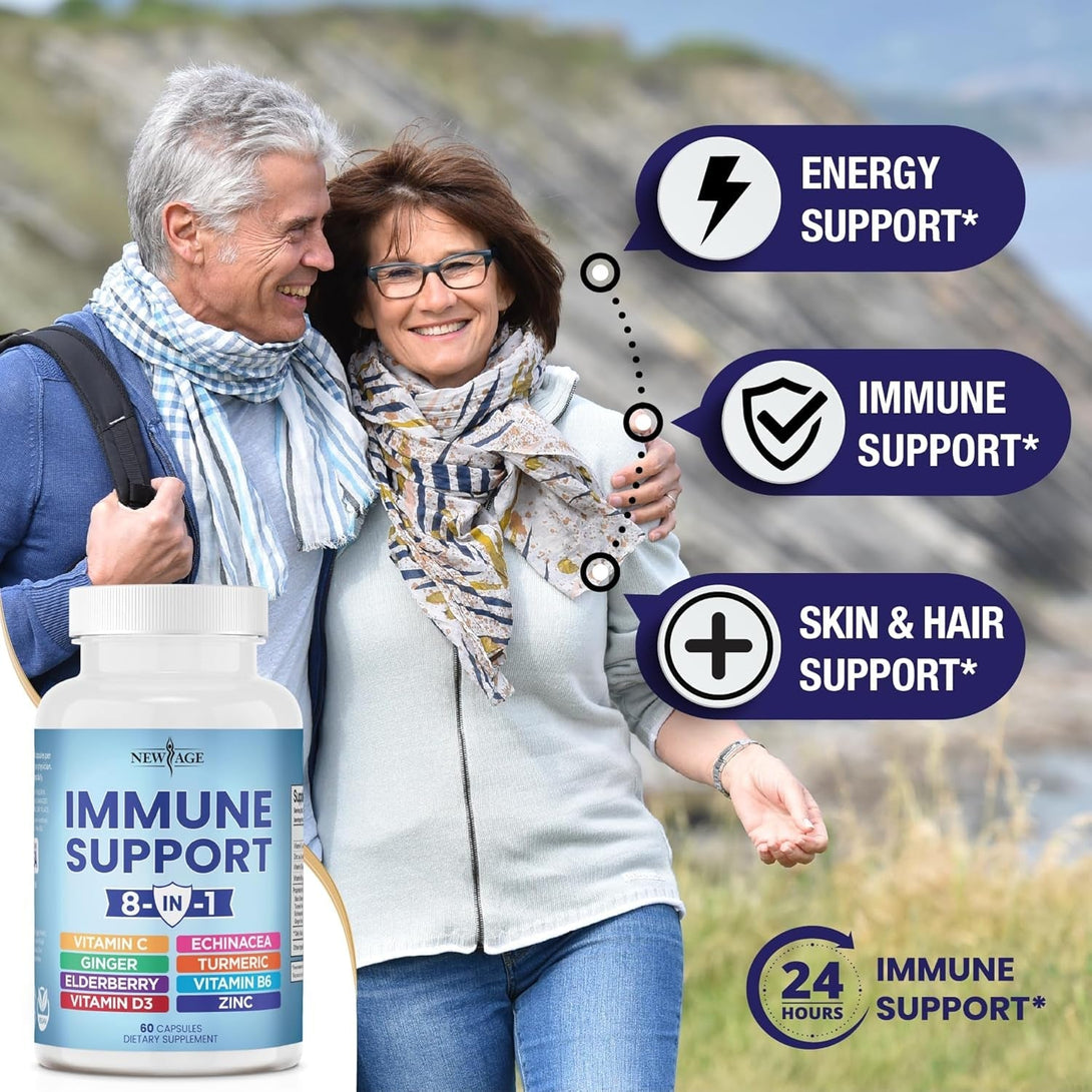 NEW AGE 8 in 1 Immune Support Booster Supplement with Echinacea, Vitamin C and Zinc 50Mg, Vitamin D 5000 IU, Turmeric Curcumin & Ginger, B6, Elderberry 120 Count (Pack of 2)