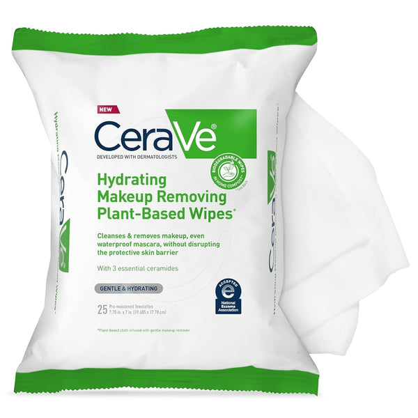 Cerave Hydrating Facial Cleansing Makeup Remover Wipes, Plant Based Face Wipes, Biodegradable in Home Compost, Face Wash Cloth, Suitable for Sensitive Skin, Fragrance-Free Non-Comedogenic, 25 Count