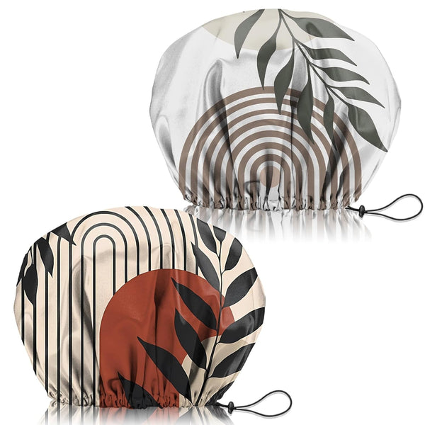 2 PCS Shower Cap Adjustable Reusable Double Waterproof Layer Elastic Hair Bath Cap Cute Aesthetic for Women Girls-Leaf