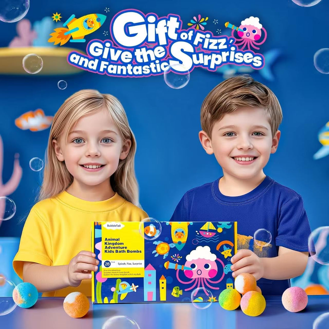 Bath Bombs for Kids with Surprise inside – 28 Fun Fizzy Bath Bombs with Land & Sea Animal Toys, Kid-Friendly & Non-Toxic, Handmade Birthday Party Favors & Summer Gifts for Girls and Boys