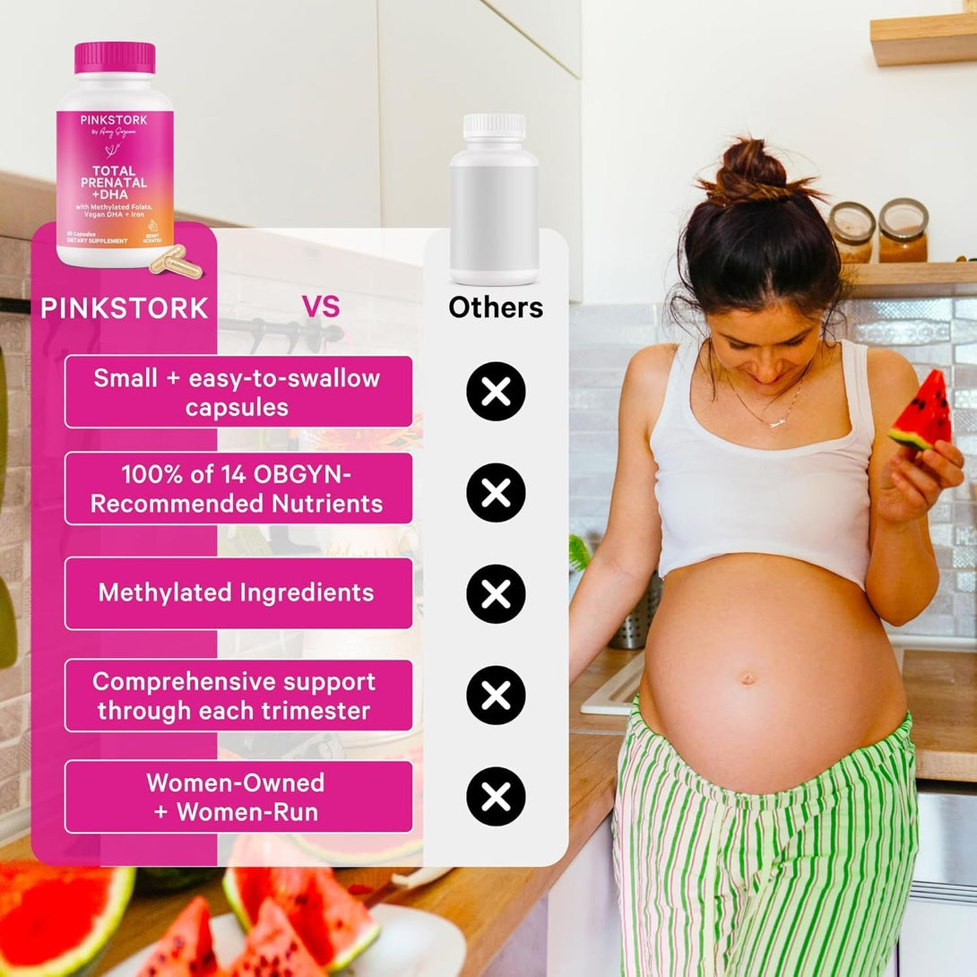 Pink Stork Total Prenatal Vitamins with DHA, Folate, Iron, Choline, and Vitamin B12 - Prenatals for Women to Support Fetal Development, Pregnancy Must Haves, Berry Essence, 60 Capsules, 1 Month Supply