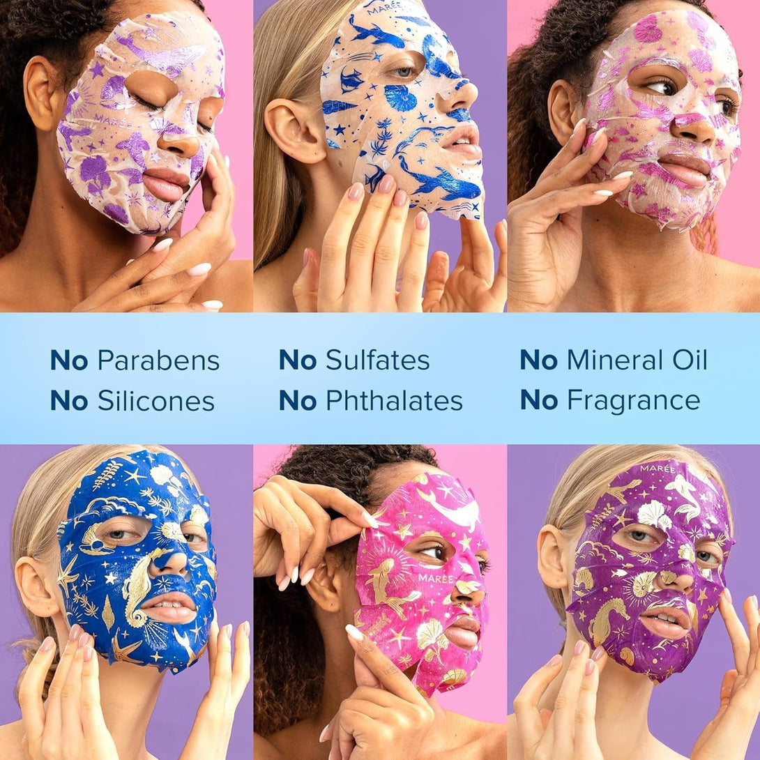MAREE Collagen Facial Mask with Hyaluronic Acid - Sheet Face Masks Skincare with Green & Red Algae Extract - Hydrating Mascarillas Faciales for Women Skin Care - 6 Count