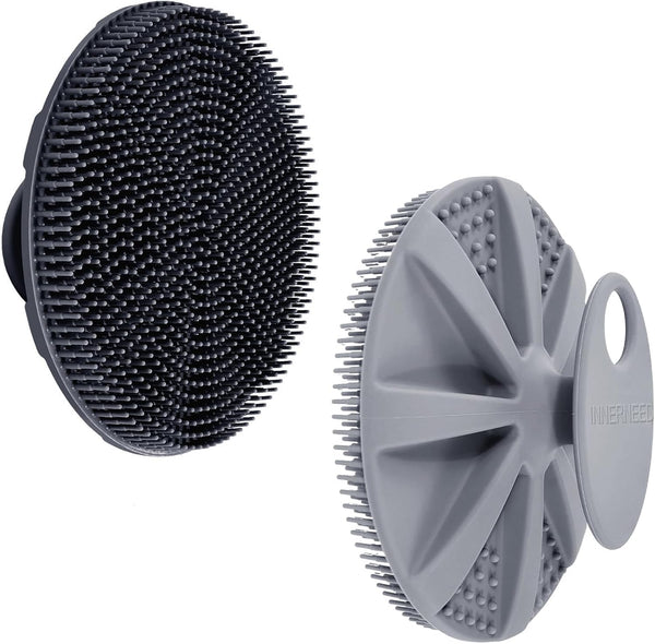 INNERNEED Food-Grade Soft Silicone Body Scrubber Shower Brush Handheld Cleansing Skin Brush, Gentle Exfoliating and Lather Well (Black+Gray)