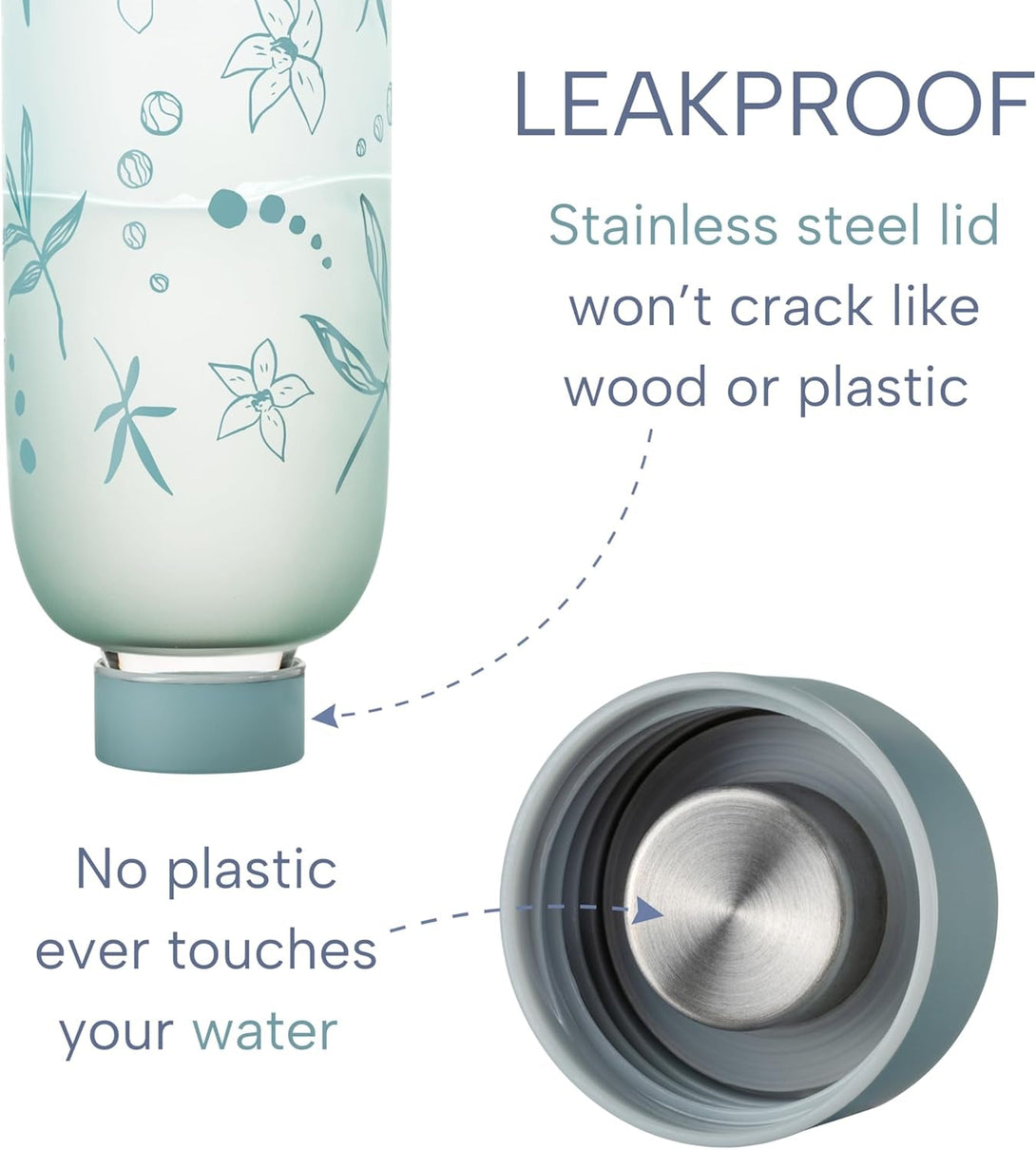32 Oz Glass Water Bottle with Time Marker, BPA Free Borosilicate Glass, Premium Leakproof Reusable Water Bottle with Times to Drink (Sage Serenity)