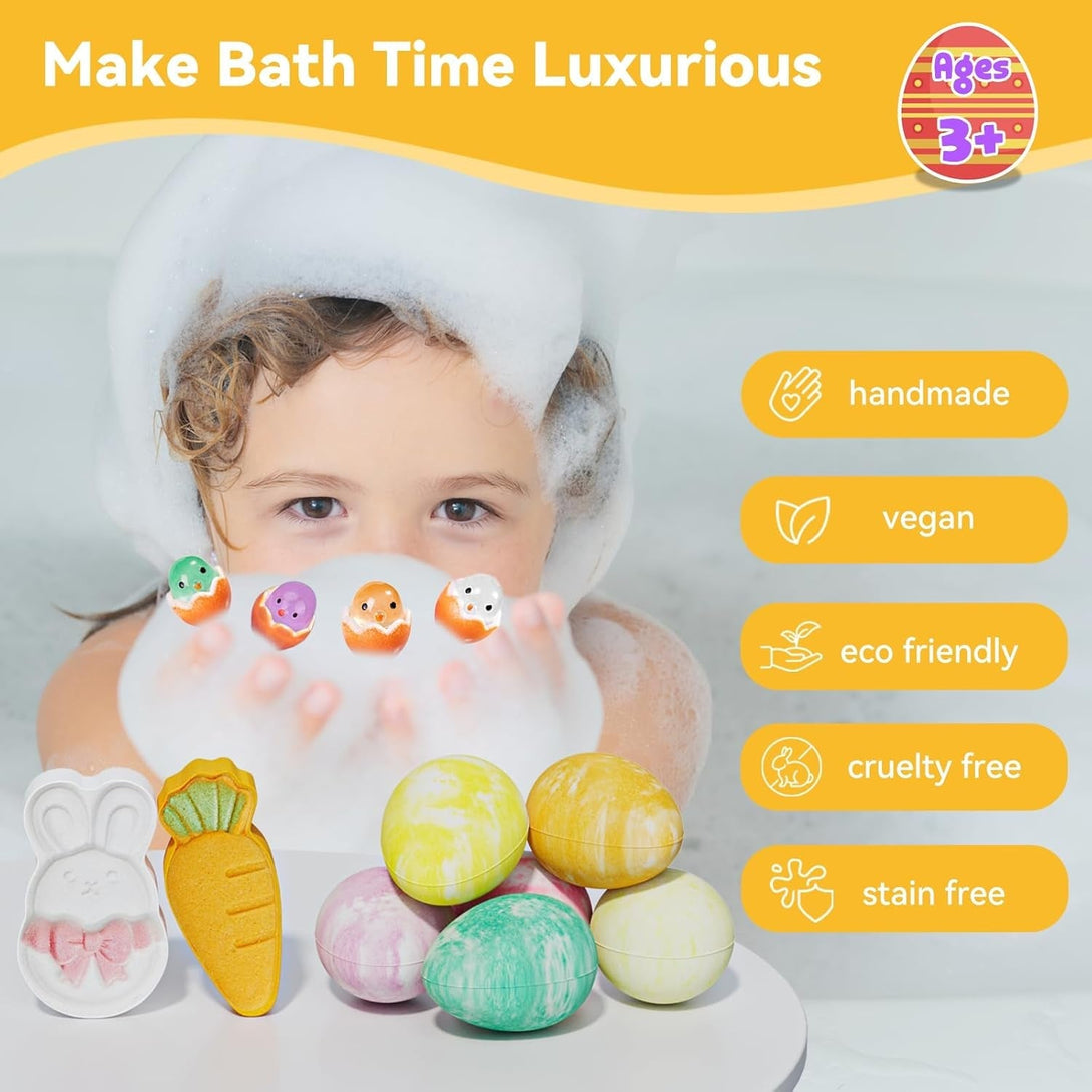 Easter Bath Bombs with Surprise Inside: 9 Pcs Natural Organic Egg Bunny Shaped Basket Stuffers for Kids Girls Boys Bubble Bathbombs Fruit Scented Spa Birthday Gift Set Party Favors Children Prize