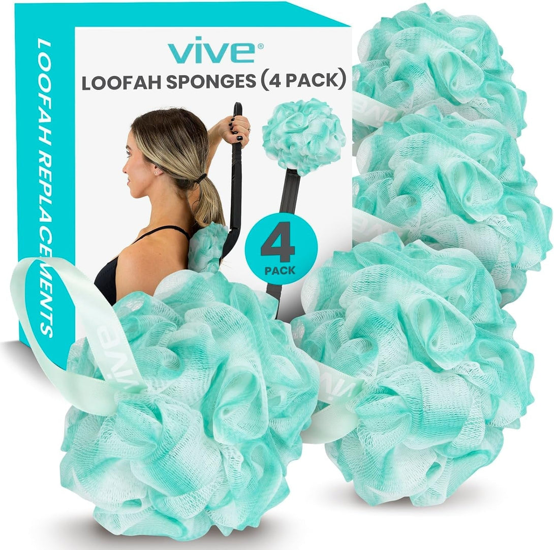 Vive Loofah Sponge Replacement (4 Pk) Shower & Bath Pouf Scrubber for Back & Body Exfoliation, Works with Vive Interchangeable Loofa Handle Long Brush (Replacement Sponge Black and Blue (4 Pack), 4)