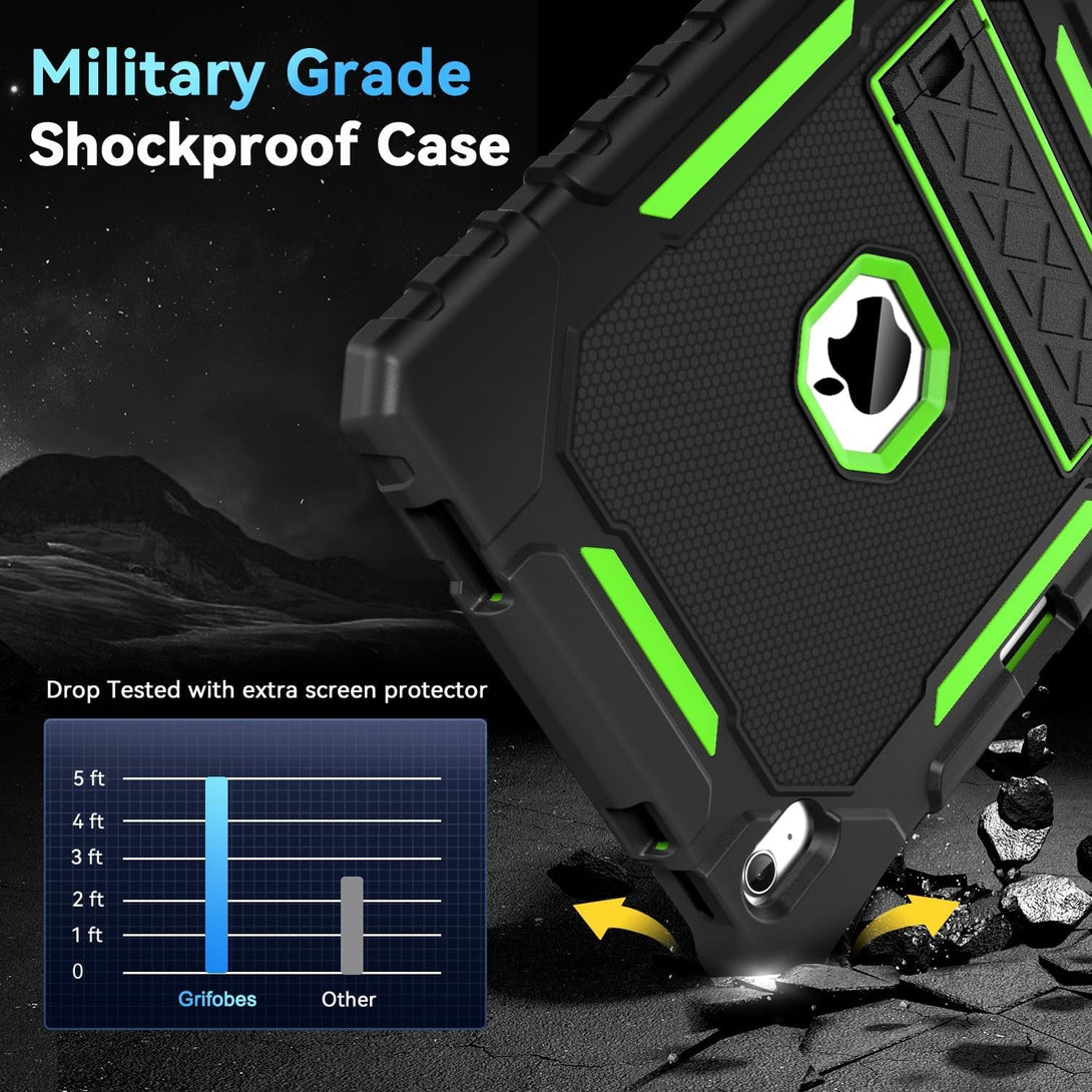 Grifobes for Ipad A16 Case 11Th Generation 11 Inch 2025 / Ipad 10Th Generation Case 10.9 Inch 2022, Heavy Duty Military Grade Shockproof Cover with Pencil Holder for I Pad 11/10 (Black+Green)