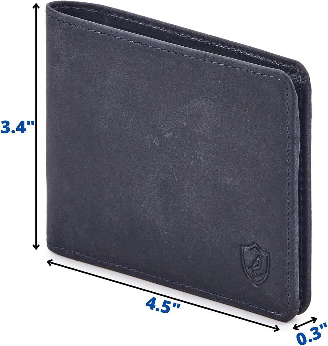 Wallet for Men Bifold Real Leather RFID Blocking Front Pocket Ultra Slim & Thin Stylish Minimalist with ID Window in Gift Box (Crazy Horse, Navy)