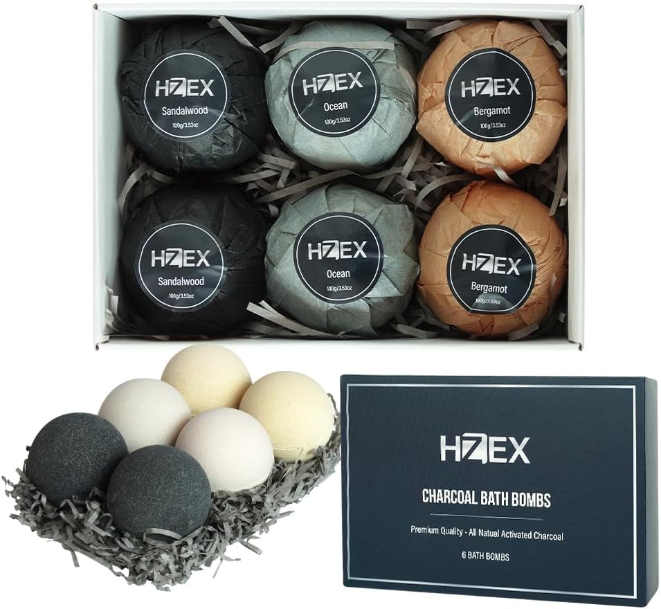 Bath Bombs, HZEX 6 Large Natural Luxury Charcoal Bathbomb Fizzes for Men Women, Organic Bath Bomb with Essential Oils and Shea Butter, Stress Relief and Relaxation, Detox with Charcoal Bathbombs