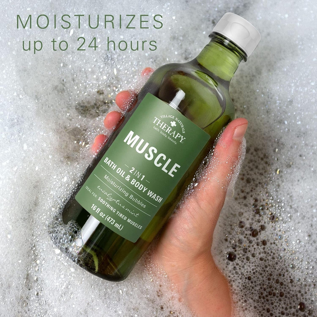 Village Naturals Therapy Muscle Foaming Bath Oil and Body Wash 16 Oz. 2 Pack, Green, 16 Oz