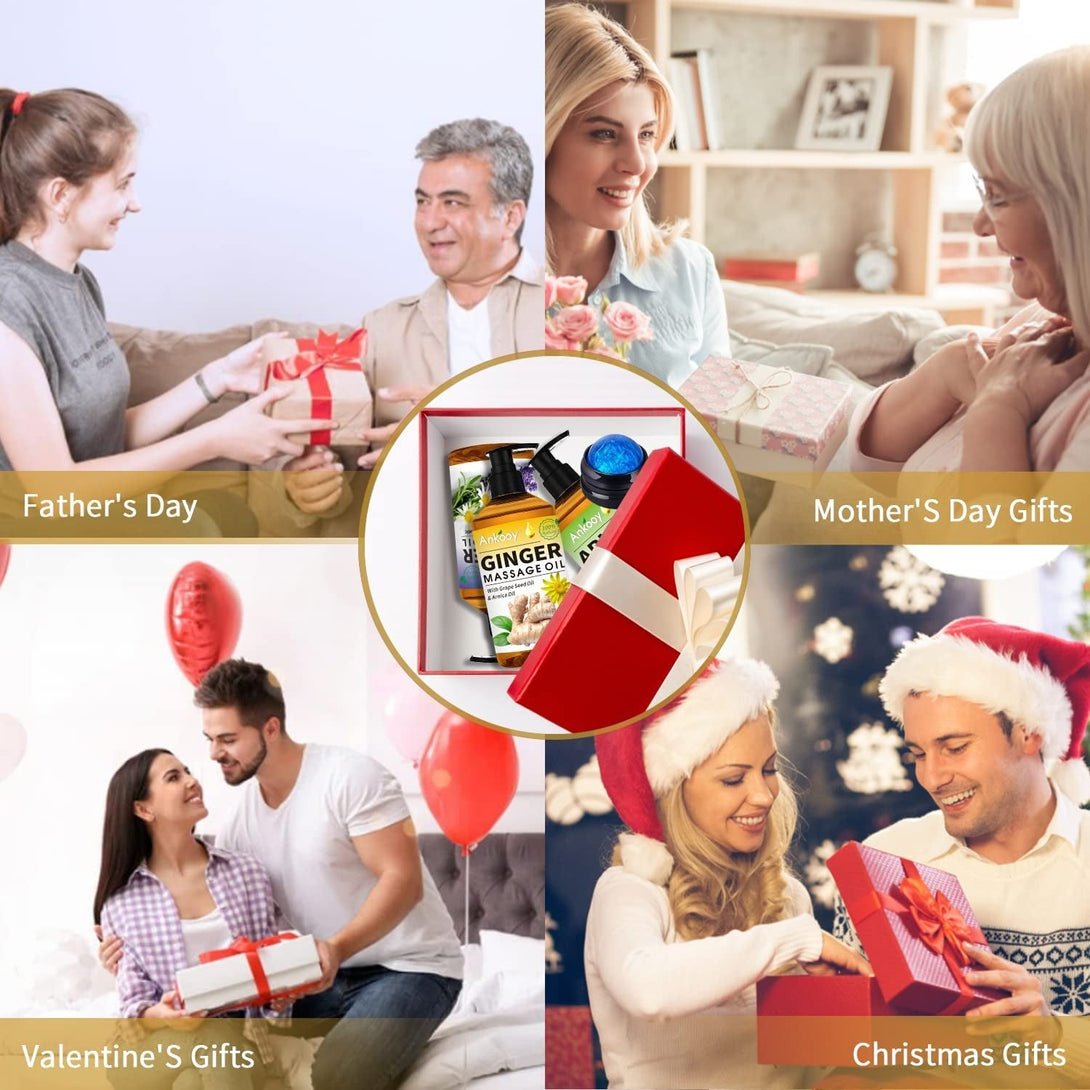 Fathers Day Gift from Wife-3 Pack Massage Oil for Massage Therapy,Sore Muscle Arnica Oil & Lavender Massage Oils for Date Night & Ginger Oil Lymphatic Drainage & Massage Ball,Spa Gifts for Him Her