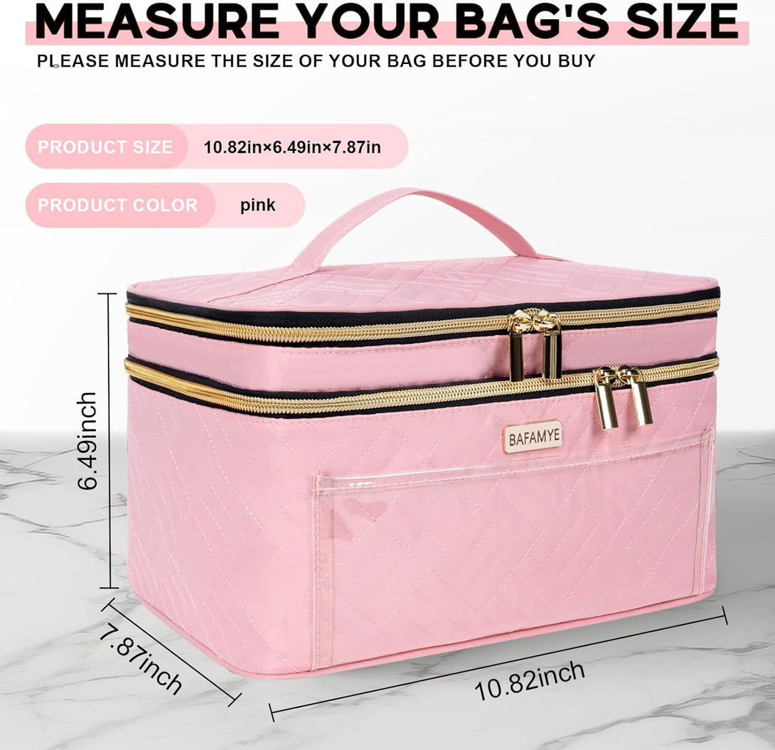 8.8L Double Layer Travel Makeup Bag Women, Large Cosmetic Case, Organizer for Travel-Size Accessories Bottles, Brushes, and Skin Care Products, Pink 2.33 GAL