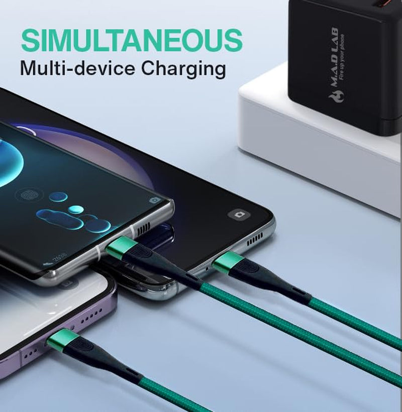 M.A.D LAB 3-In-1 Charging Cable: USB-C to Micro USB to Ios Devices to USB-C - 100W Fast Charging & Data Transfer (Type C Only) for Phones, Tablets, Laptops