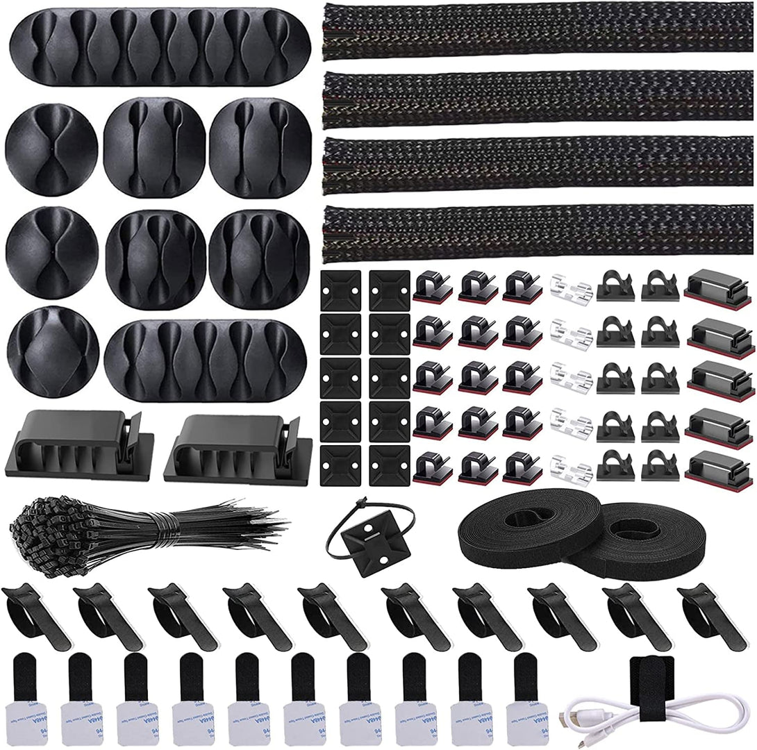 N NOROCME Cord Management Organizer Kit 4 Cable Sleeve Split with 41Self Adhesive Clips Holder, 10Pcs and 2 Roll Self Tie 100 Fastening Ties for TV Office Car Desk Home Black