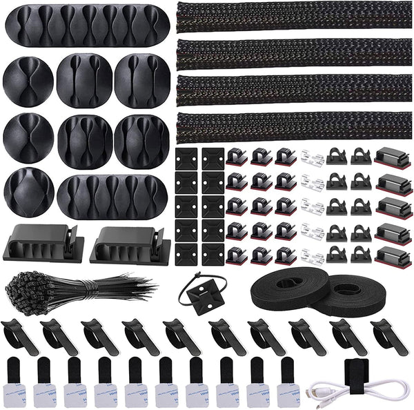 N NOROCME Cord Management Organizer Kit 4 Cable Sleeve Split with 41Self Adhesive Clips Holder, 10Pcs and 2 Roll Self Tie 100 Fastening Ties for TV Office Car Desk Home Black