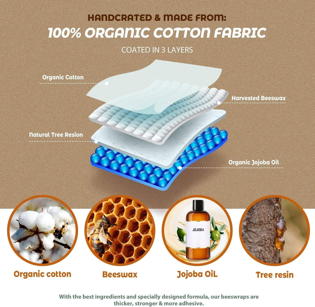 Akeeko Reusable Beeswax Food Wraps - Assorted 9 Packs, Reusable, Plastic-Free Food Storage, 5 Small, 3 Medium, 1 Large Wraps with Abstract Curves Pattern