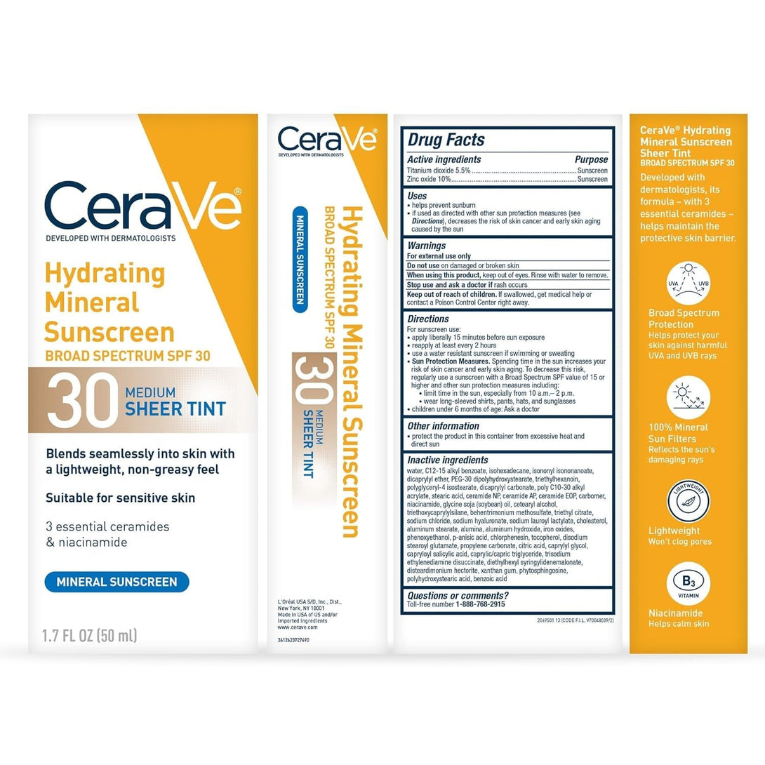 Cerave Hydrating Mineral Sunscreen SPF 30 with Sheer Tint, Tinted Mineral Sunscreen with Zinc Oxide & Titanium Dioxide, Blends Seamlessly for Healthy Glow, Medium, 1.7 Fluid Ounce