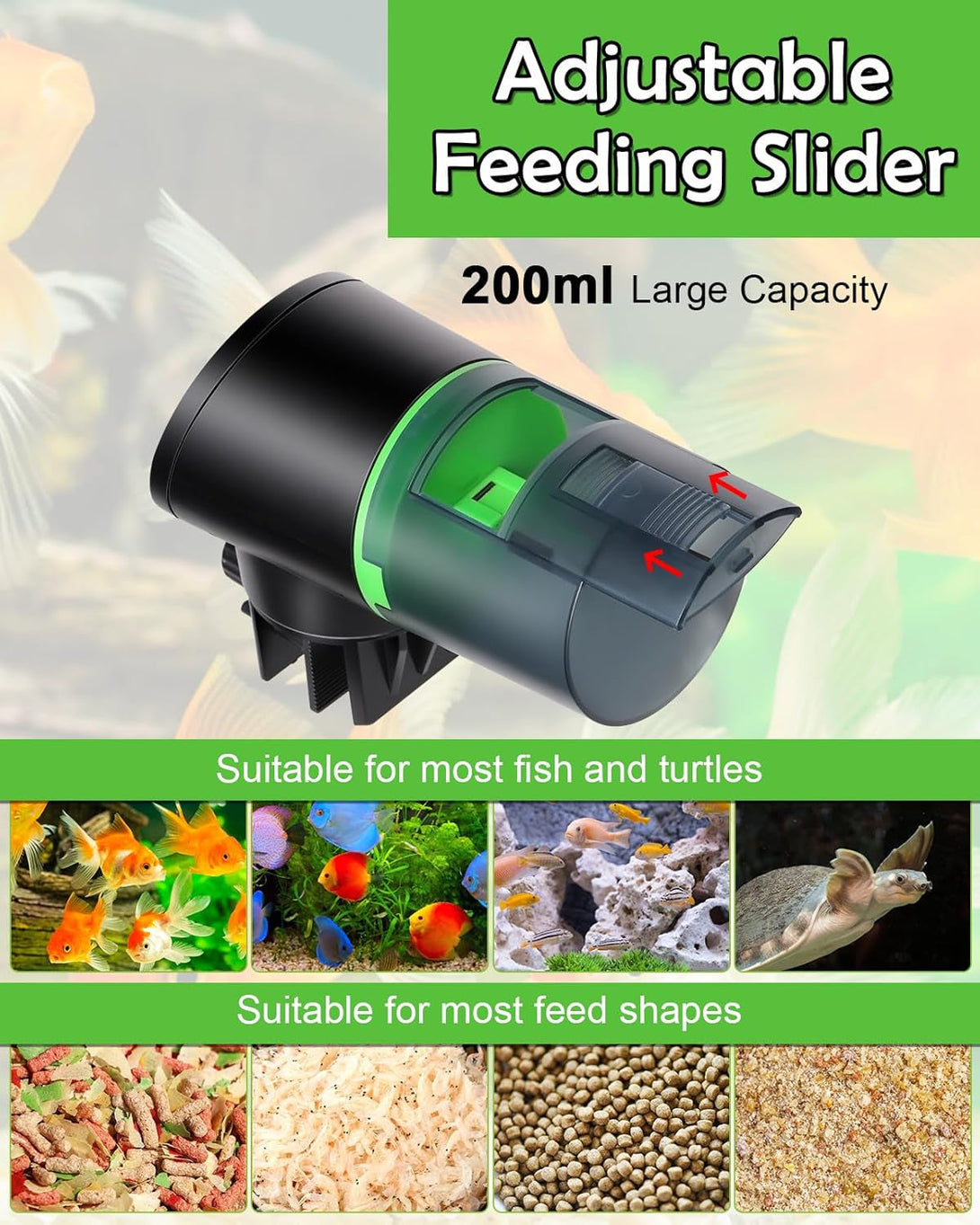 Automatic Fish Feeder for Aquarium - Rechargeable Fish Food Auto Dispenser Vacation Turtle Feeder with USB Charger Cable，Lcd Screen, Customized Schedule，Black