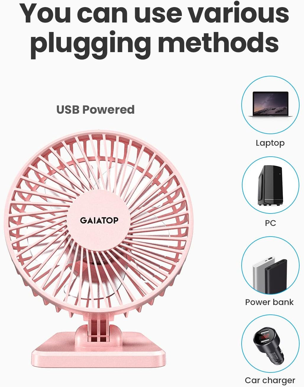 Gaiatop USB Desk Fan, Small but Powerful, Personal Portable Quiet 3 Speeds, Adjustable Mini Table Desktop Fan for Cooling Home Office Car Summer Travel Gifts Pink