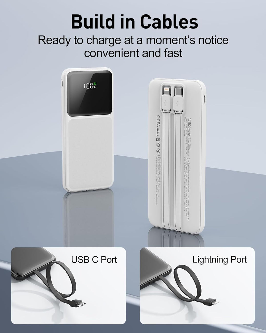 12800Mah Portable Charger with Built in Cables, 22.5W 3A High Speed Charging Travel Essentials, LED Display Slim Powerbank, 4 Outputs 2 Inputs Built-In USB C&Lightning Cables for Iphone Ipad Android