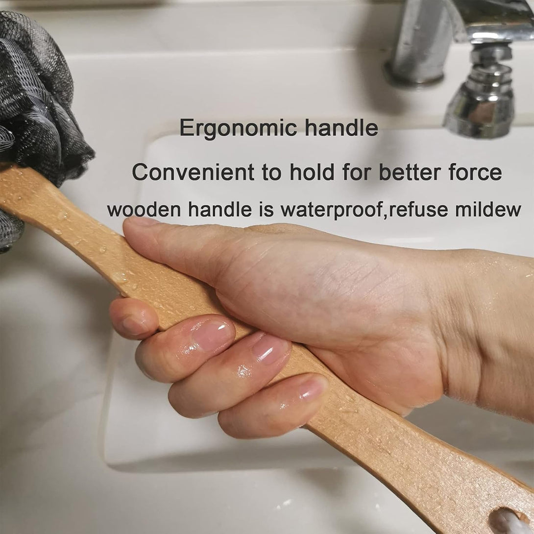Shower Sponge Loofah Back Scrubber,Loofah on a Stick,Pe Soft Mesh Loofah Body Scrubber with Wooden Handle,Bath Sponge for Women Kids (Black)