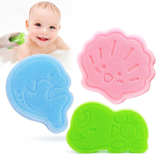 Baby Bath Sponge, Natural Cute Shapes Soft Shower Sponges for Bathing, Bathtub Foam for Infants and Toddler, 3Pcs : Blue Dolphin, Pink Shell, Green Turtle