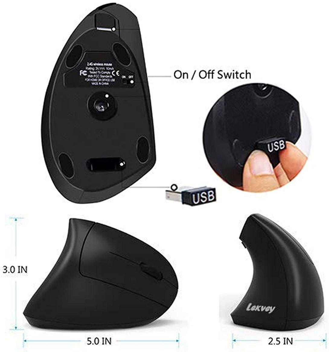 Lekvey Ergonomic Mouse, Vertical Wireless Mouse - Rechargeable 2.4Ghz Optical Vertical Mice : 3 Adjustable DPI 800/1200/1600 Levels 6 Buttons, for Laptop, PC, Computer, Desktop, Notebook Etc, Black