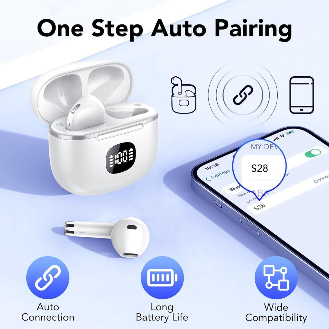 Wireless Earbuds, Bluetooth Headphones 5.3, 50H Playtime LED Display Deep Bass Ear Buds with 4 ENC Noise Cancelling Mic, IP7 Waterproof In-Ear Earphones for Phone Tablet Laptop Sports (White)