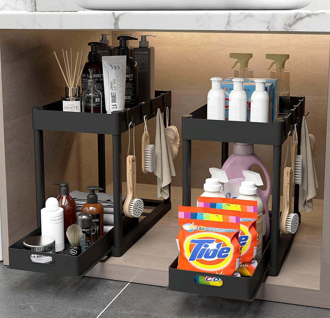 2PC under Sink Organizer Rack 2 Tier under Sliding Cabinet Basket Organizer Drawer with 4 Hooks, Multi-Purpose under Sink Storage for Bathroom Kitchen Desktop（Black）