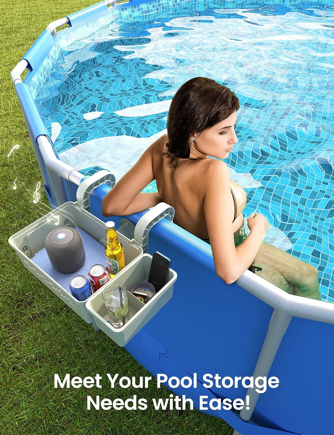2 Sets Upgrade Poolside Storage Basket, above Ground Pool Storage Basket with Pool Cup Holder, for Steel round or Oval Frame above Ground Pools, Fits 3 Inch or Less Top Rail
