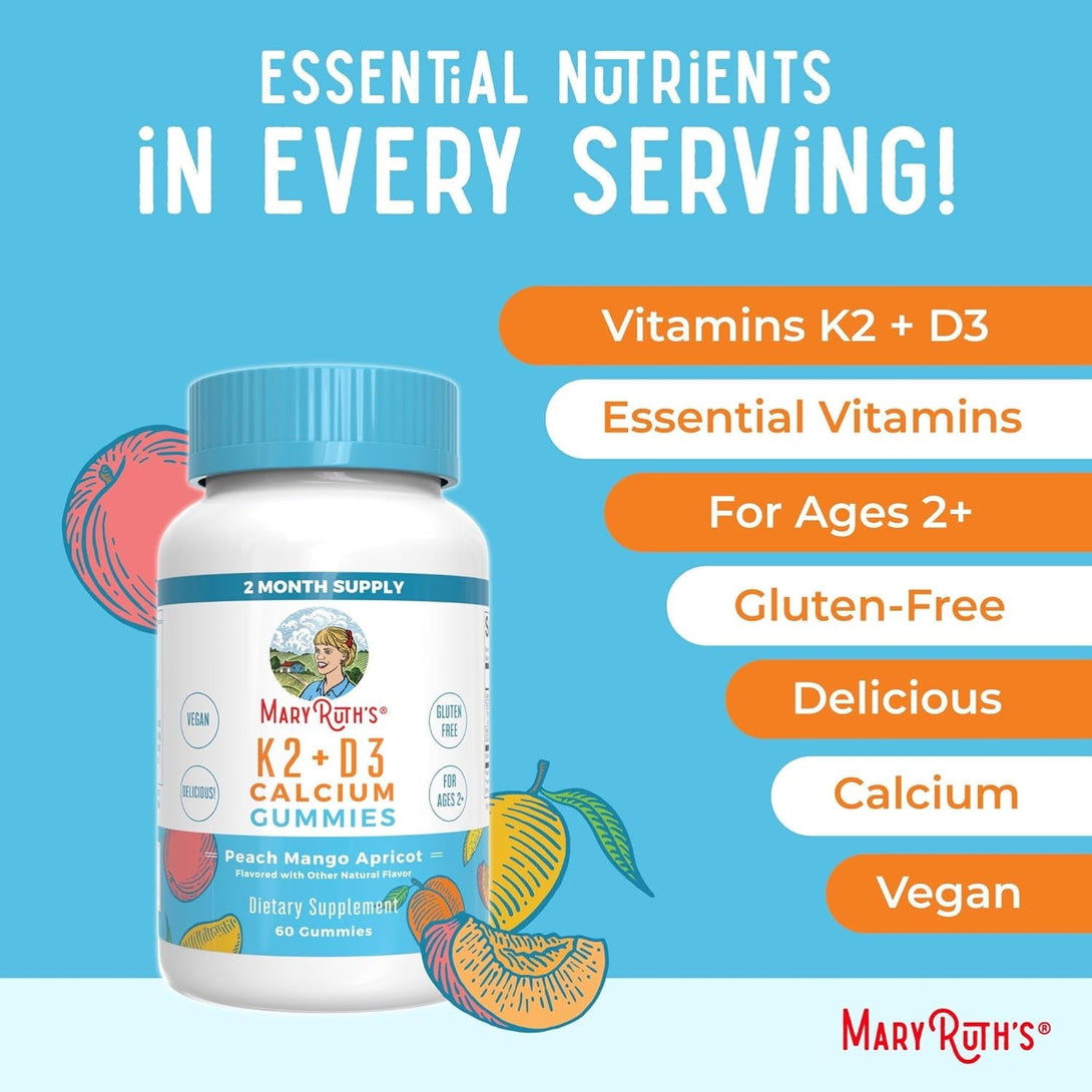 Maryruth Organics Calcium with Vitamin D & Vitamin K2, 2 Month Supply, Calcium Supplement Supports Bone Health & Joint Support, with Vitamins D3 K2 Gummies, Vegan, Non-Gmo, Gluten Free, 60 Count