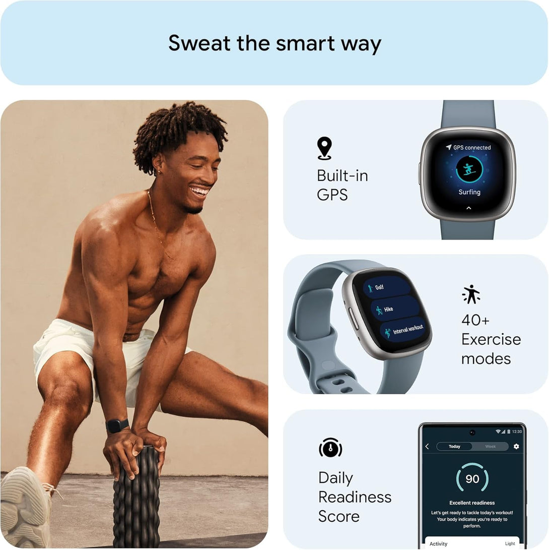 Fitbit Versa 4 Fitness Smartwatch with Daily Readiness, GPS, 24/7 Heart Rate, 40+ Exercise Modes, Sleep Tracking and More, Waterfall Blue/Platinum, One Size (S & L Bands Included)