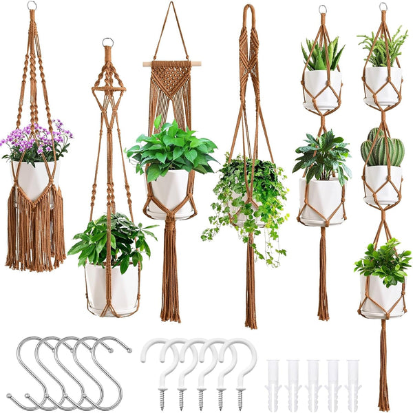 Macrame Plant Hangers, 6Pack Hanging Planters for Indoor Plants W/ 6 Set Hangers Kit Handmade Macromay Plant Hangers Indoor Flower Pots Holder Stand for Boho Home Décor (POTS NOT Included)