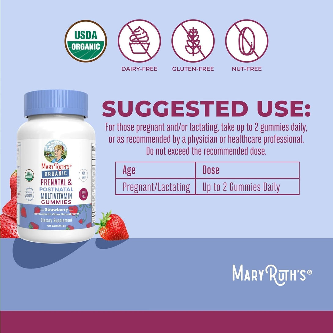 Maryruth Organics Prenatal Vitamins for Women | USDA Organic Prenatal Gummies | Postnatal Vitamins for Women Breastfeeding | Methylfolate 800 Mcg DFE | Iodine | Vegan | Non GMO | 30 Servings