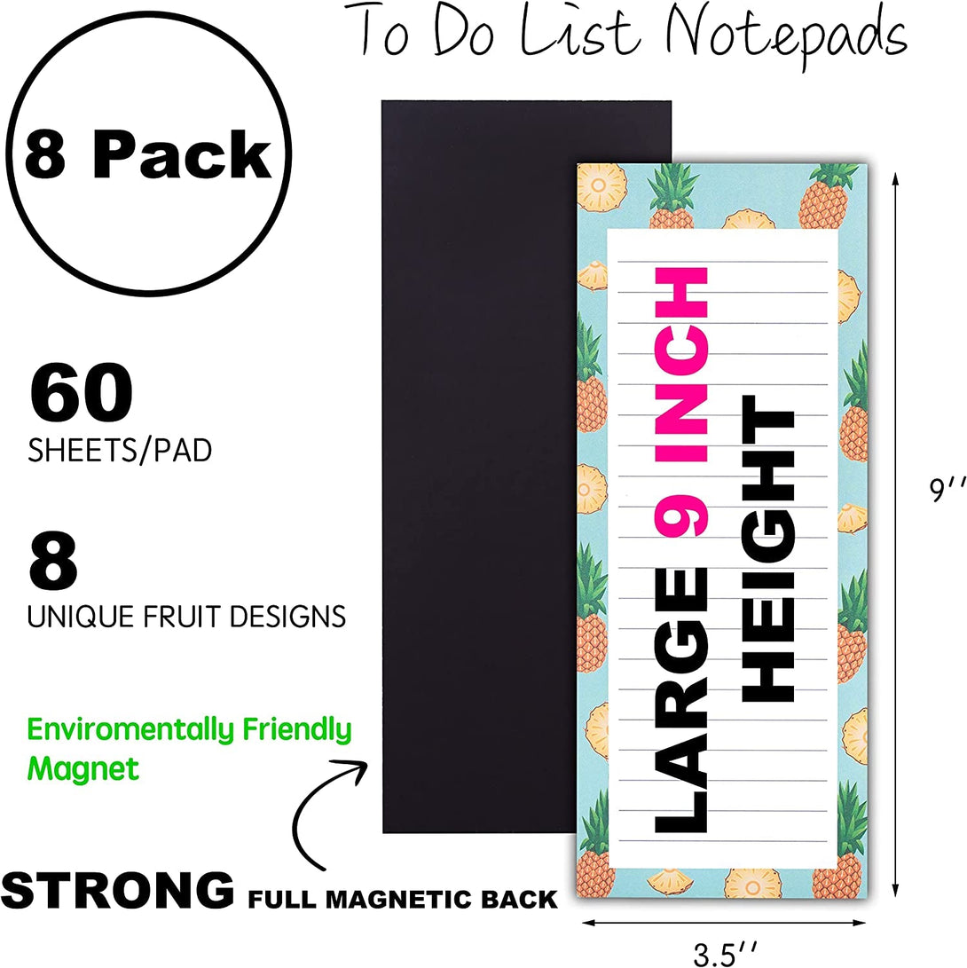 8 Large Magnetic Notepads – Big Notepads for Grocery List, Shopping List, To-Do List, Reminders -Strong Magnetic Back- Memo Pads with Realistic Fruit Designs | 60 Sheets per Pad 9 X 3.5 Inch (8 Pack)