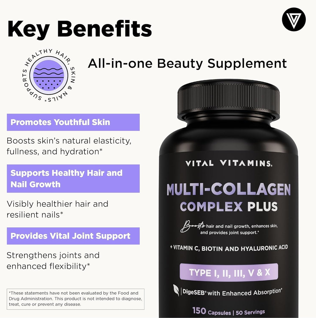 Vital Vitamins Multi Collagen Complex plus - with Biotin, Hyaluronic Acid, Vitamin C - Type I, II, III, V, X - for Women & Men - Hair, Skin, Nails Beauty Complex - 150 Capsules