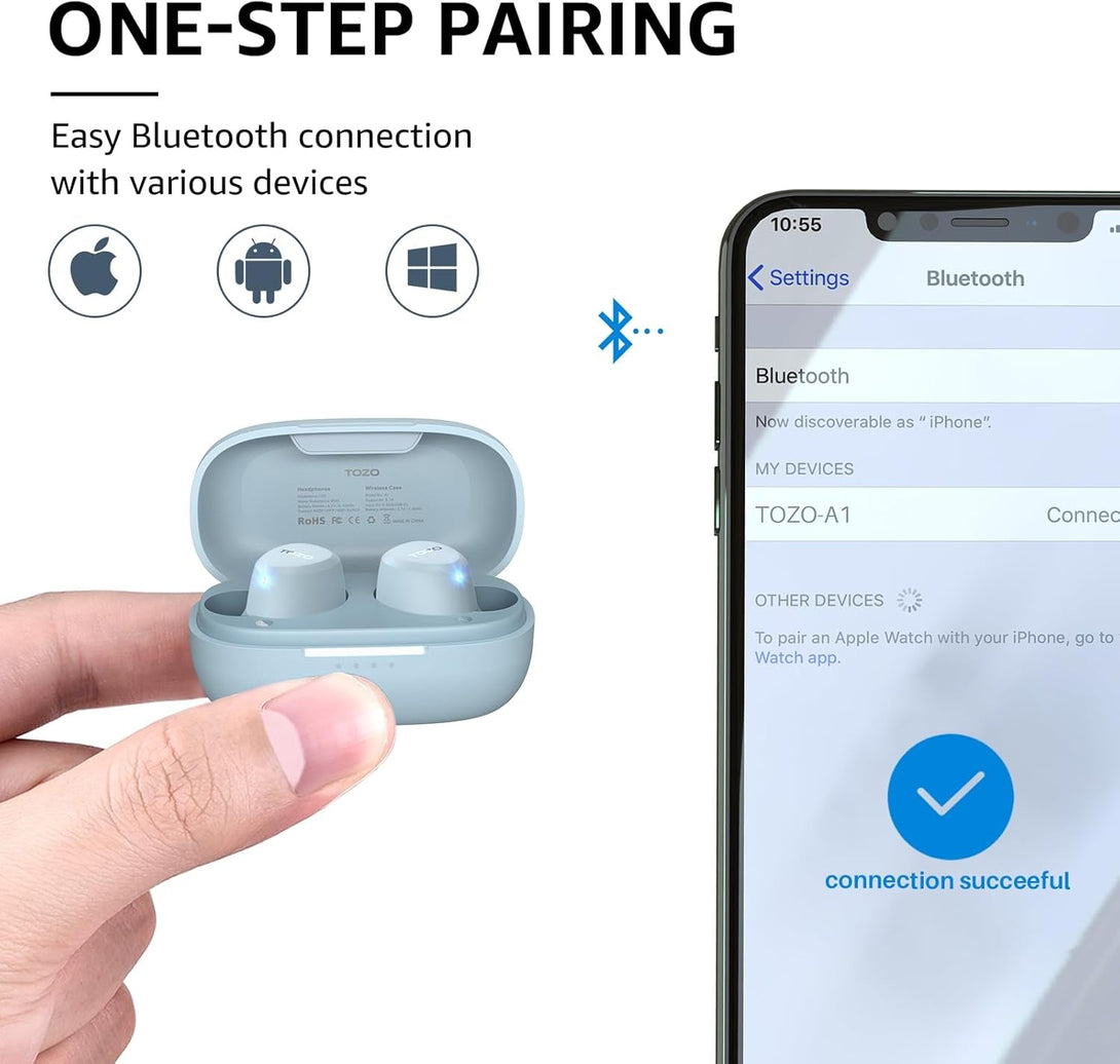 TOZO A1 Wireless Earbuds Bluetooth 5.3 Light Weight in Ear IPX5 Waterproof Headphones 2 Mic for AI Calls, Immersive Premium Sound Bass Headset with Charging Case, 32 Presets EQ Customization via App