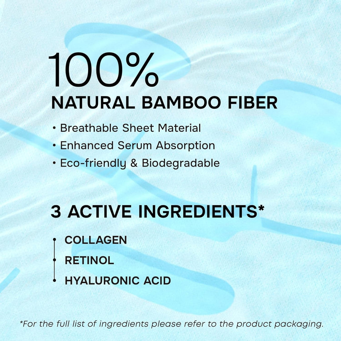 Simplyvital Collagen Face Mask with Retinol & Hyaluronic Acid - Bamboo Sheet Mask for Tightening & Lifting, Hydration & Elasticity, Anti-Aging Facial Lift Mask Skin Care, Mascarillas Faciales - 7 Pack