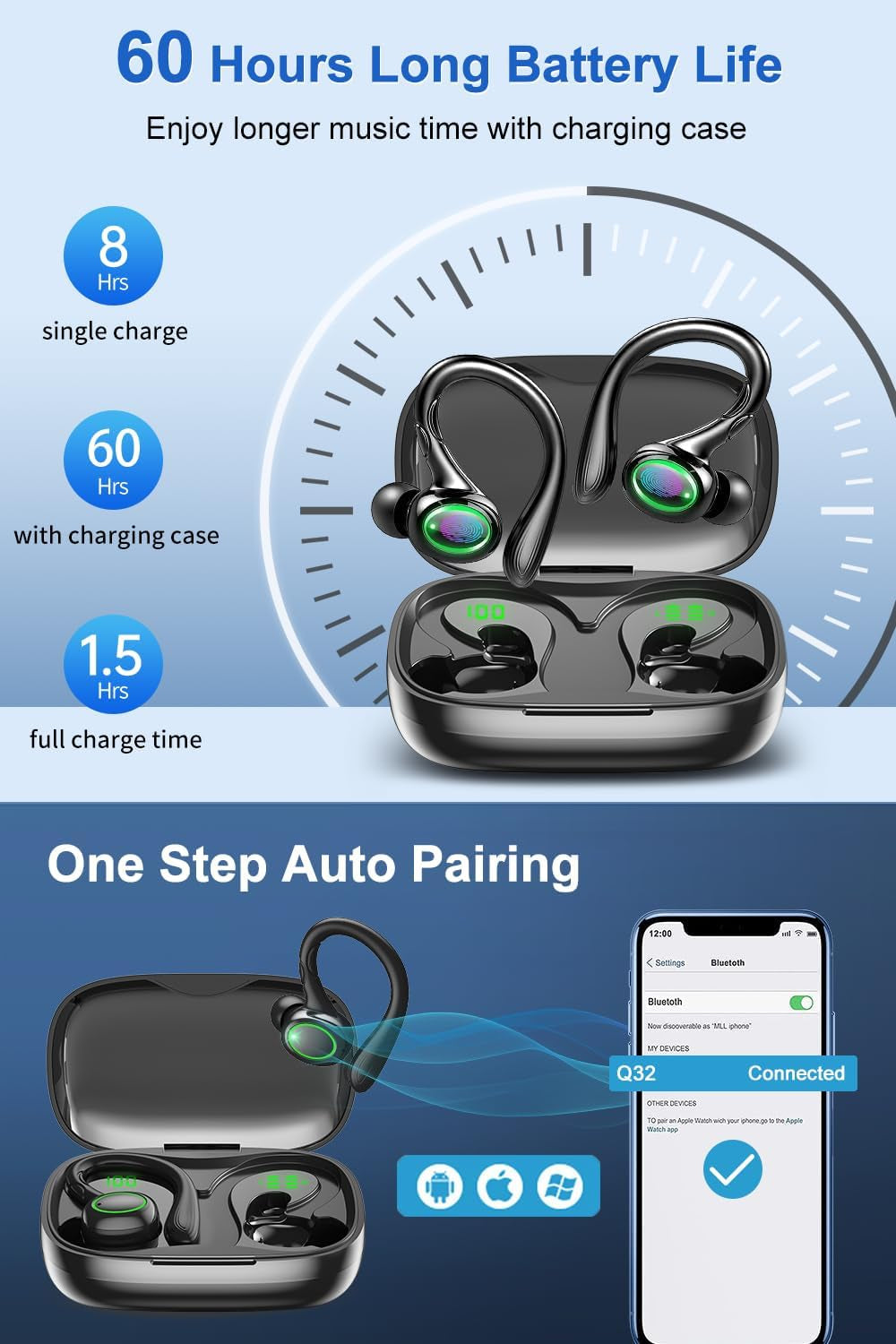 Wireless Earbuds, 60H Playback Bluetooth 5.3 Headphones,Noise Cancelling Wireless Headphones with LED Battery Display, Mics Clear Call, IPX7 Waterproof Bluetooth Earbuds for Workout Sports (BLACK)
