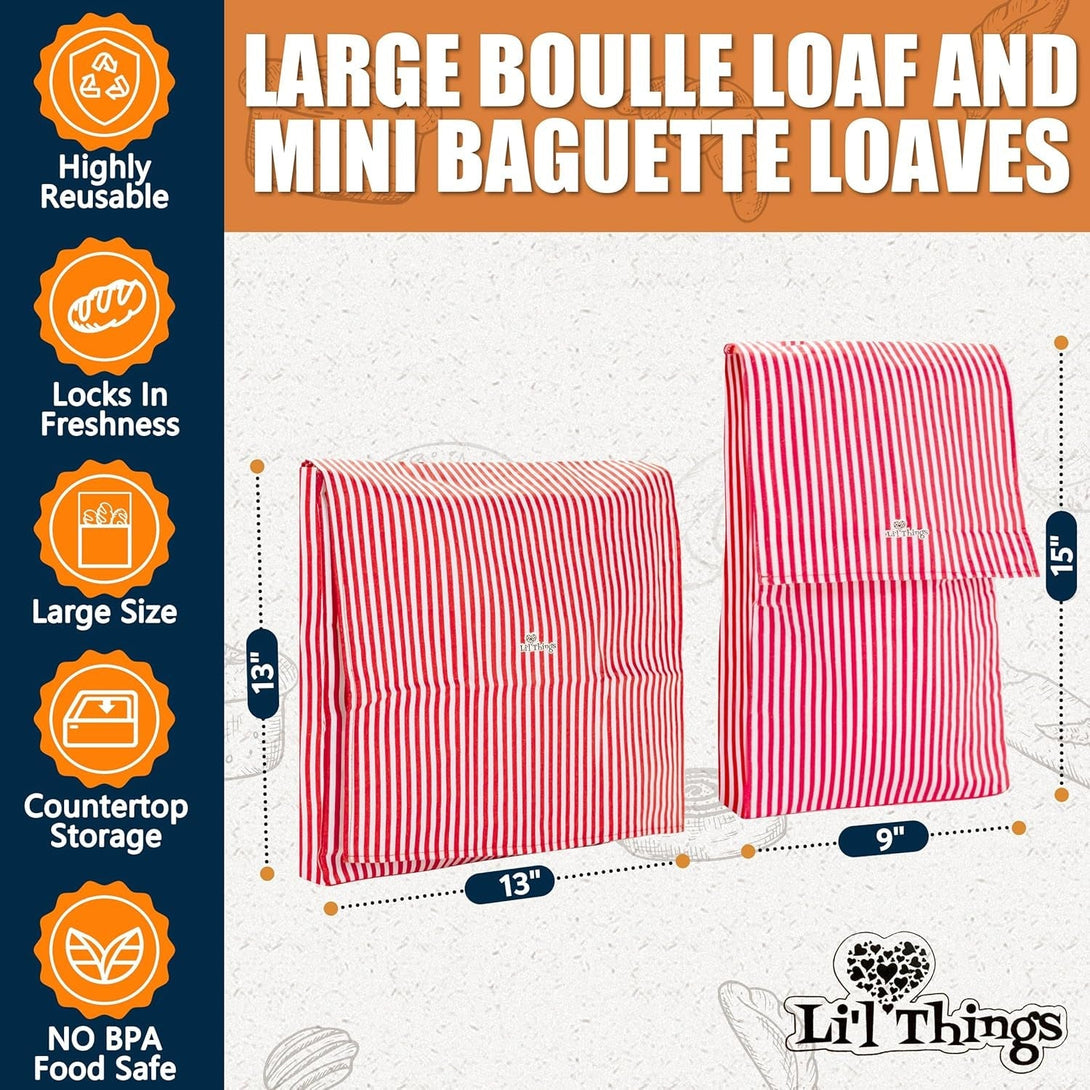 Li'L Things Eco-Friendly Reusable Beeswax Bread Bags | Improved Beeswax Coating | Set of 2 Sizes | 13'X13' & 15’X 9’ | 6 Different Themes | Great for Home Baked Store-Bought Bread | Stripey Red