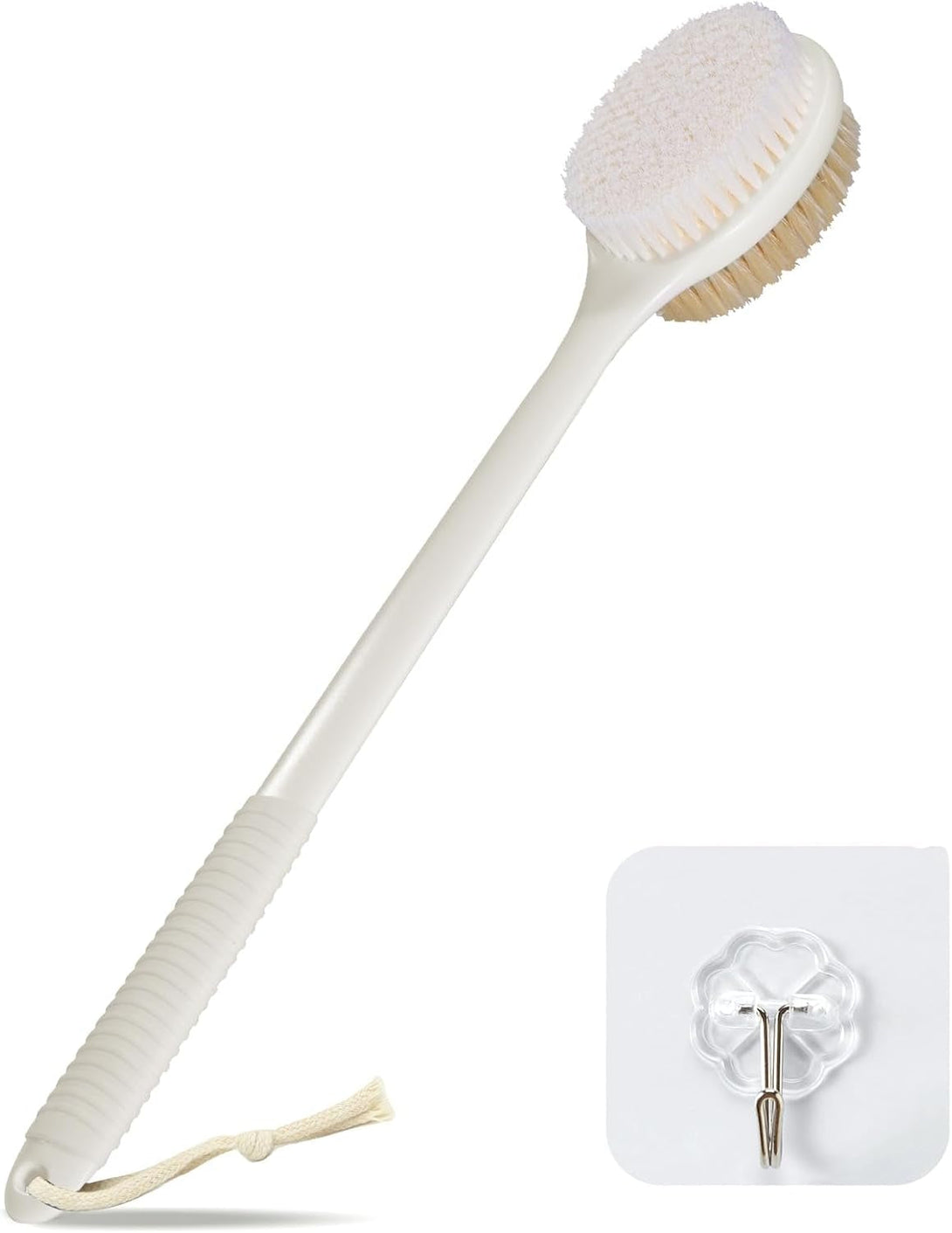 VANZAVANZU 17 Inch Back Scrubber for Shower, Anti-Slip Long Handle Shower Brush with Soft and Stiff Bristles, Exfoliating Bath Brush for Wet or Dry Brushing (Cream White)