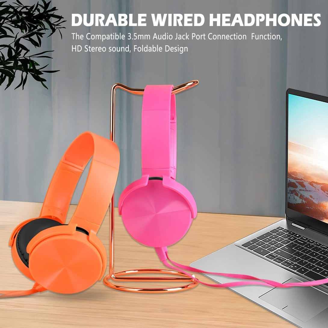 Kids Headphones 2 Pack for School Classroom, Wired Durable Earphones Class Set for Students Children Toddler Teens Boys Girls and Adult (HY450, Orange+Pink)