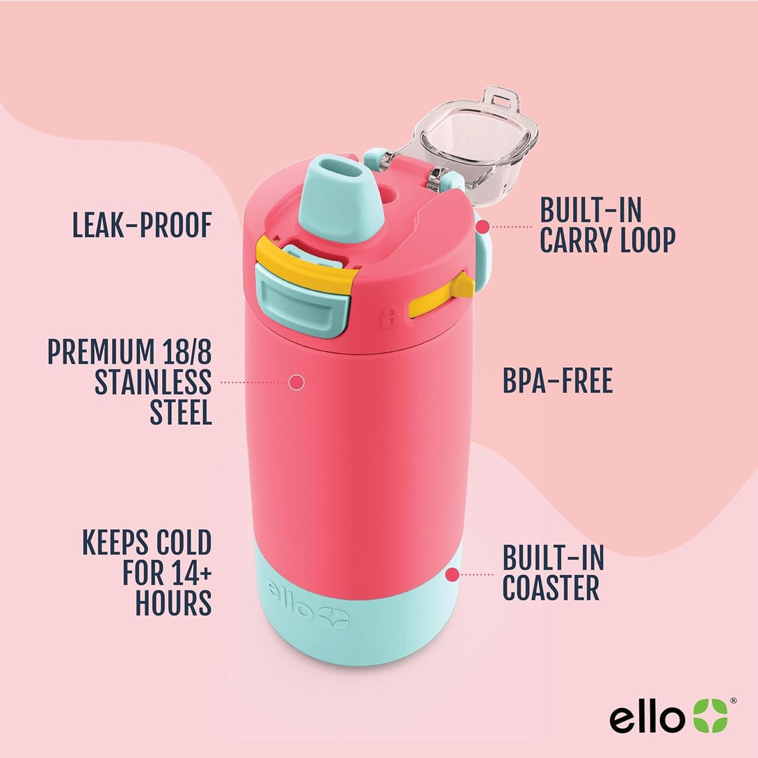 Ello Kids Colby 12Oz Stainless Steel Insulated Water Bottle with Straw and Built-In Silicone Coaster Carrying Handle and Leak-Proof Locking Lid for School Backpack, Lunchbox, and Outdoor Sports
