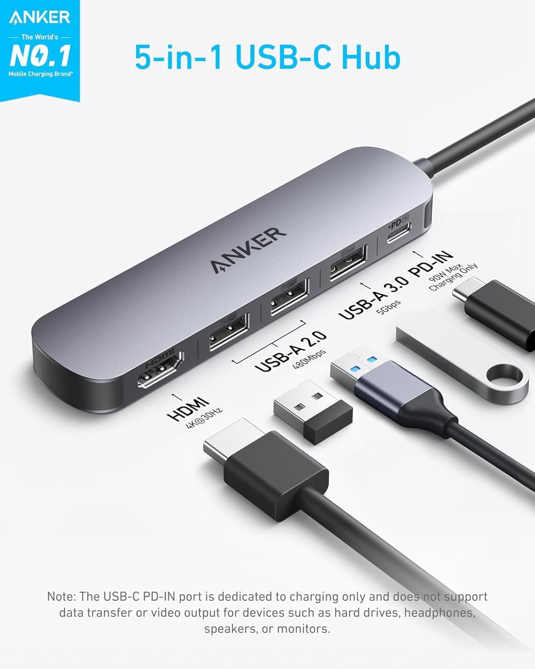 Anker USB-C Hub (5-In-1), 4K@30Hz HDMI with 100W Max Power Delivery, USB-C and USB-A Data Ports, Compact and Stylish for Macbook, Dell XPS, and More (Charger Not Included)