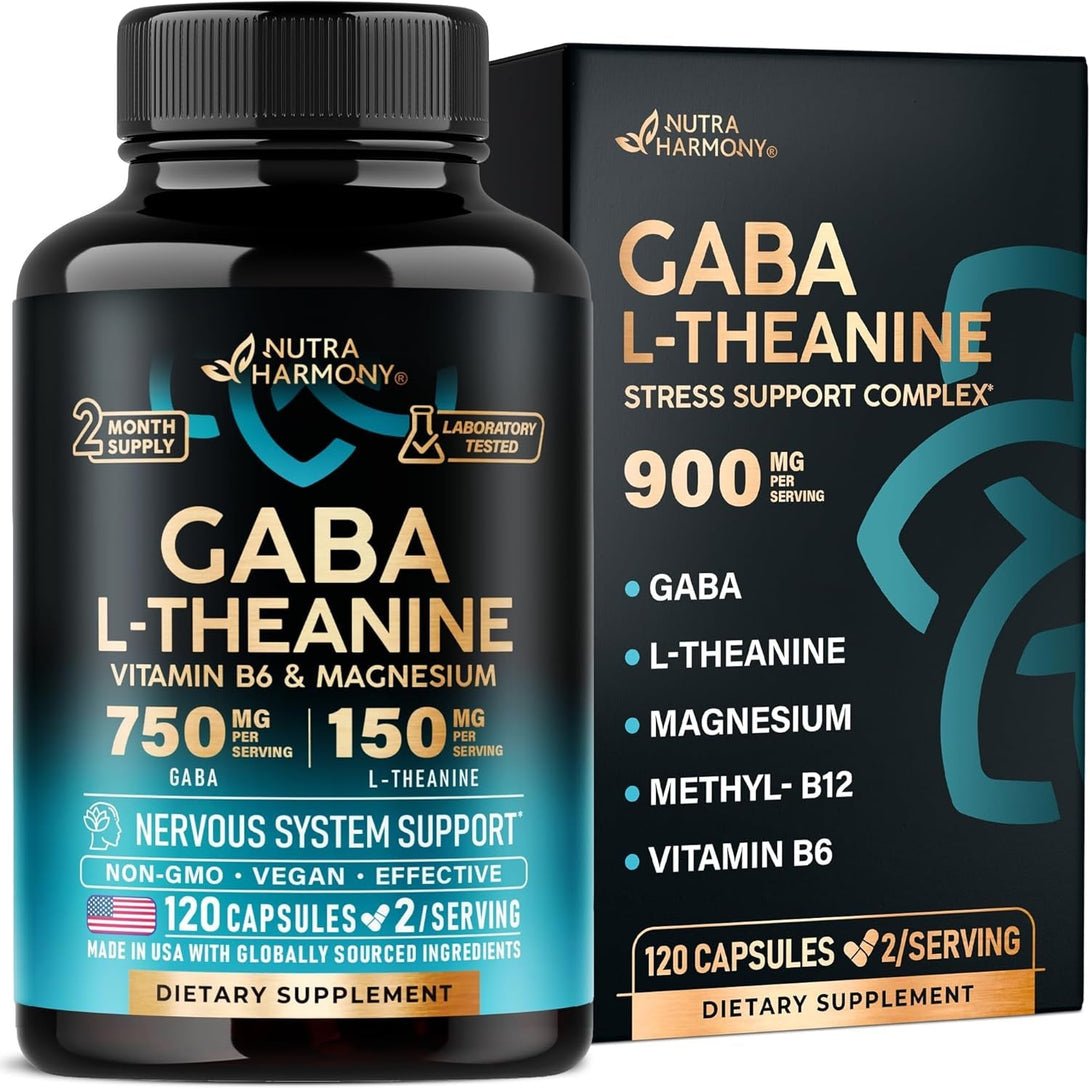 GABA L-Theanine 900 Mg - Made in USA - Magnesium | Vitamin B6 - Calm, Sleep, Relaxation & Mood Support - 750 Mg Gamma Aminobutyric Acid, 150 Mg L-Theanine - Non-Habit Forming, Vegan - 120 Capsules
