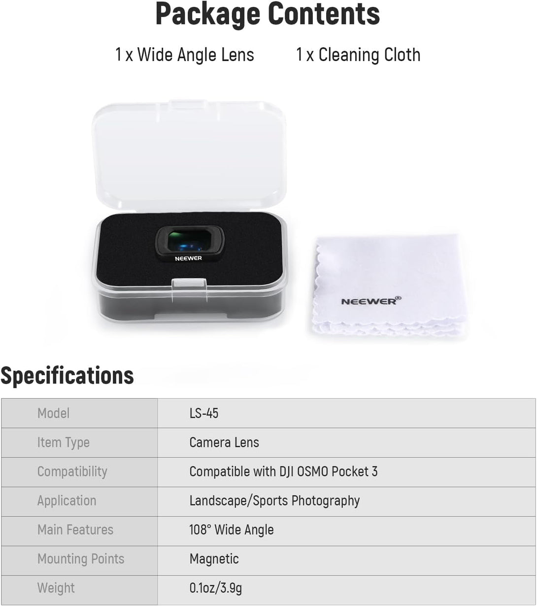 NEEWER 0.75X Wide Angle Lens Compatible with DJI OSMO Pocket 3 Creator Combo Accessories, Expanded FOV of 108°, Magnetic Coated Aspherical Action Camera Lens, LS-45