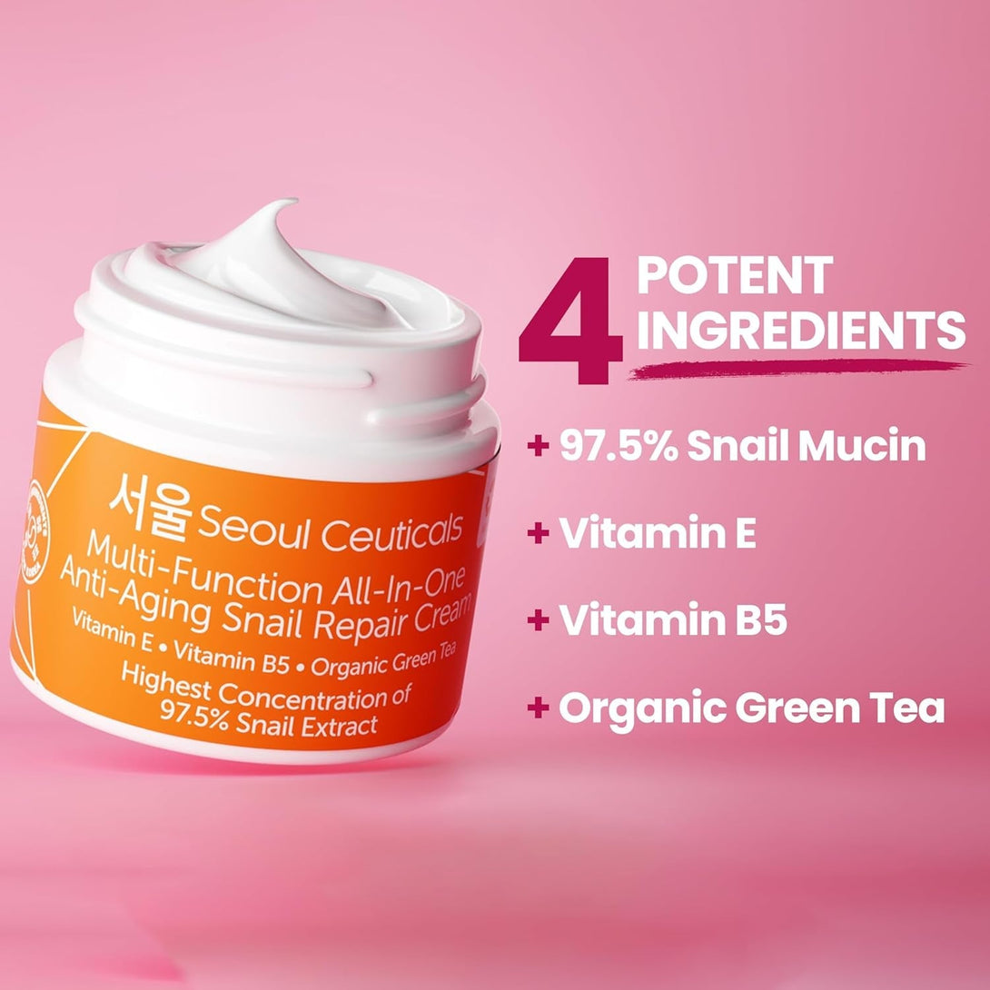 Seoulceuticals Korean Skin Care 97.5% Snail Mucin Moisturizer Cream - K Beauty Skincare Day & Night Snail Repair Cream Filtrate Cruelty Free 2Oz